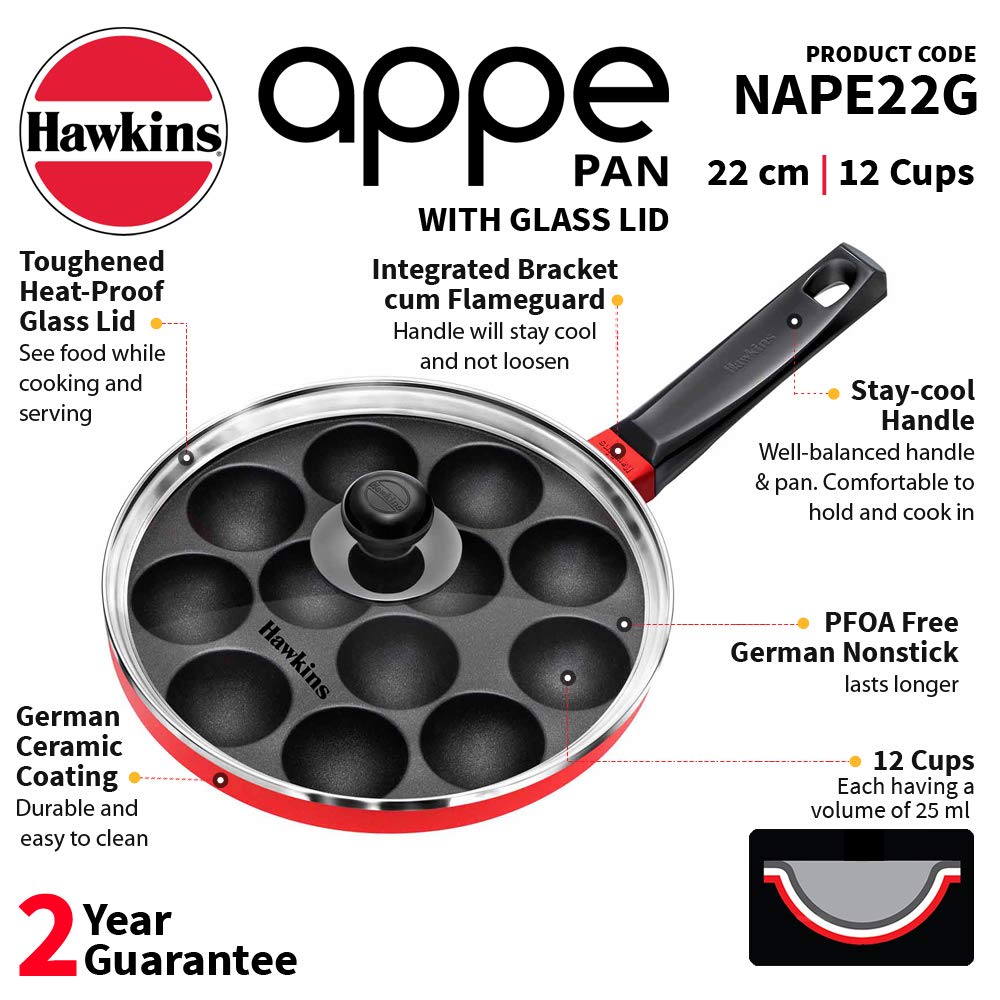 Hawkins Nonstick Appe Pan with Glass Lid, 12 Cups 2 Pcs Set - Googie Store India