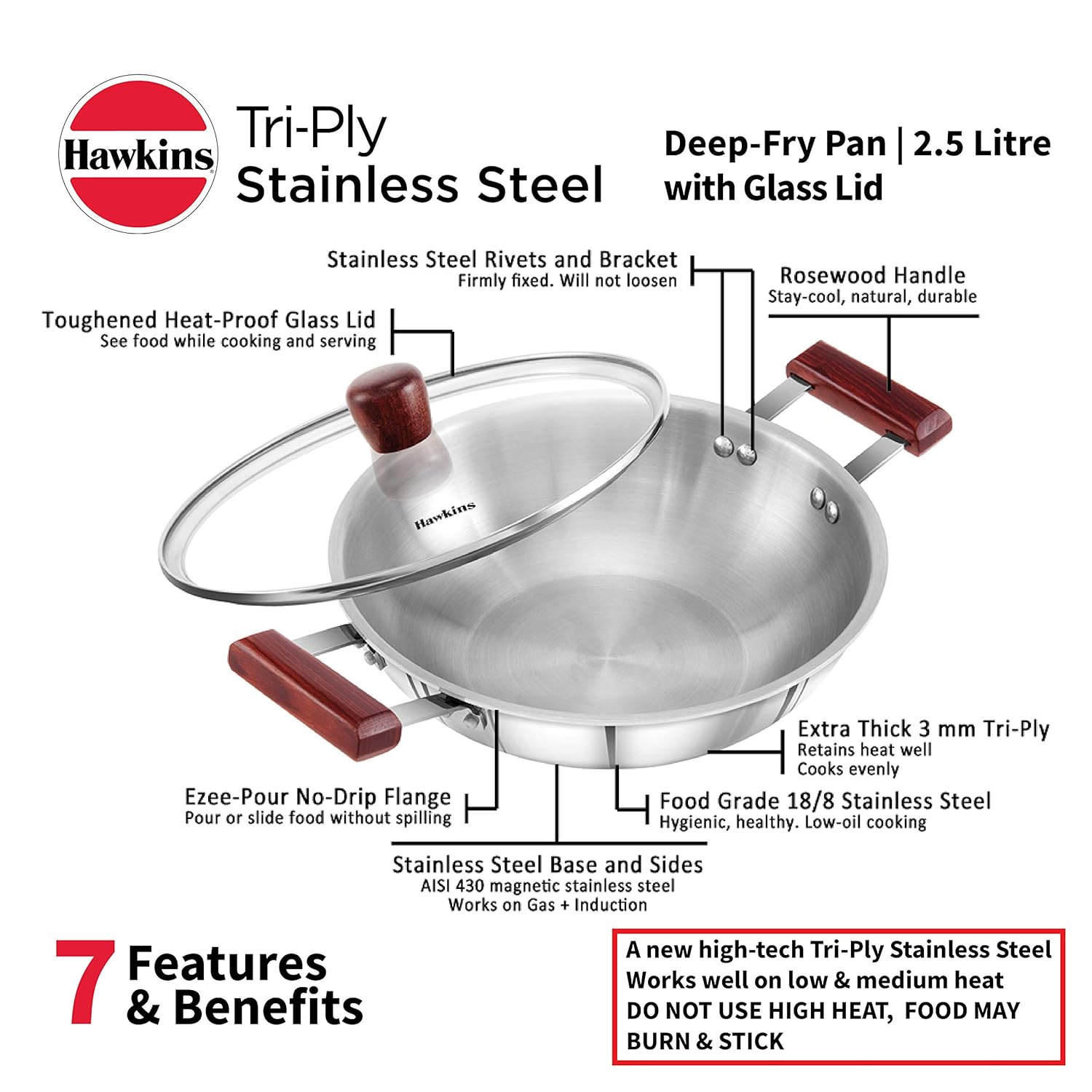 Hawkins 2.5 Liter Deep Fry Pan, Triply Stainless Steel Kadai with Glass Lid 2 Pcs  - Googie Store India