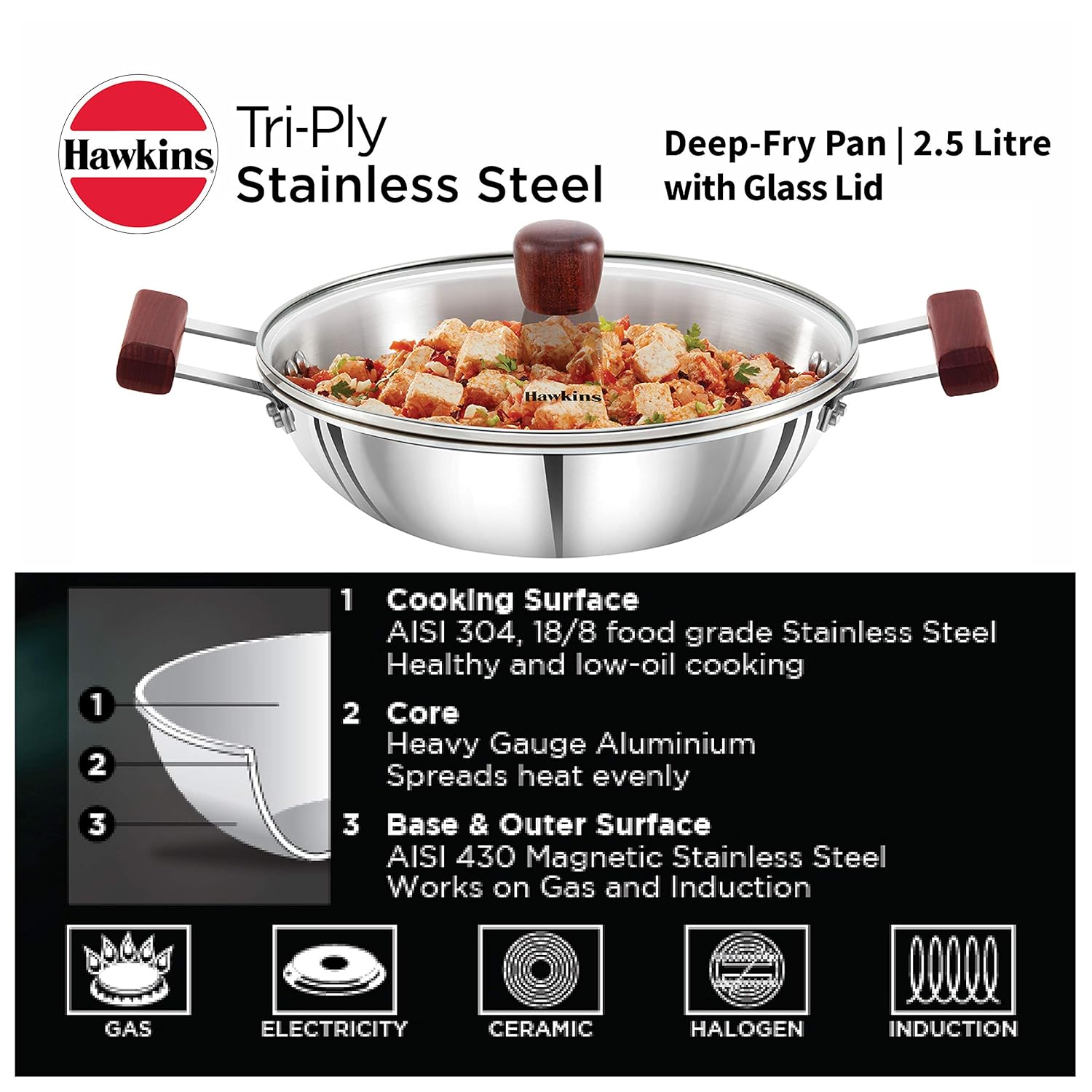 Hawkins 2.5 Liter Deep Fry Pan, Triply Stainless Steel Kadai with Glass Lid 2 Pcs  - Googie Store India